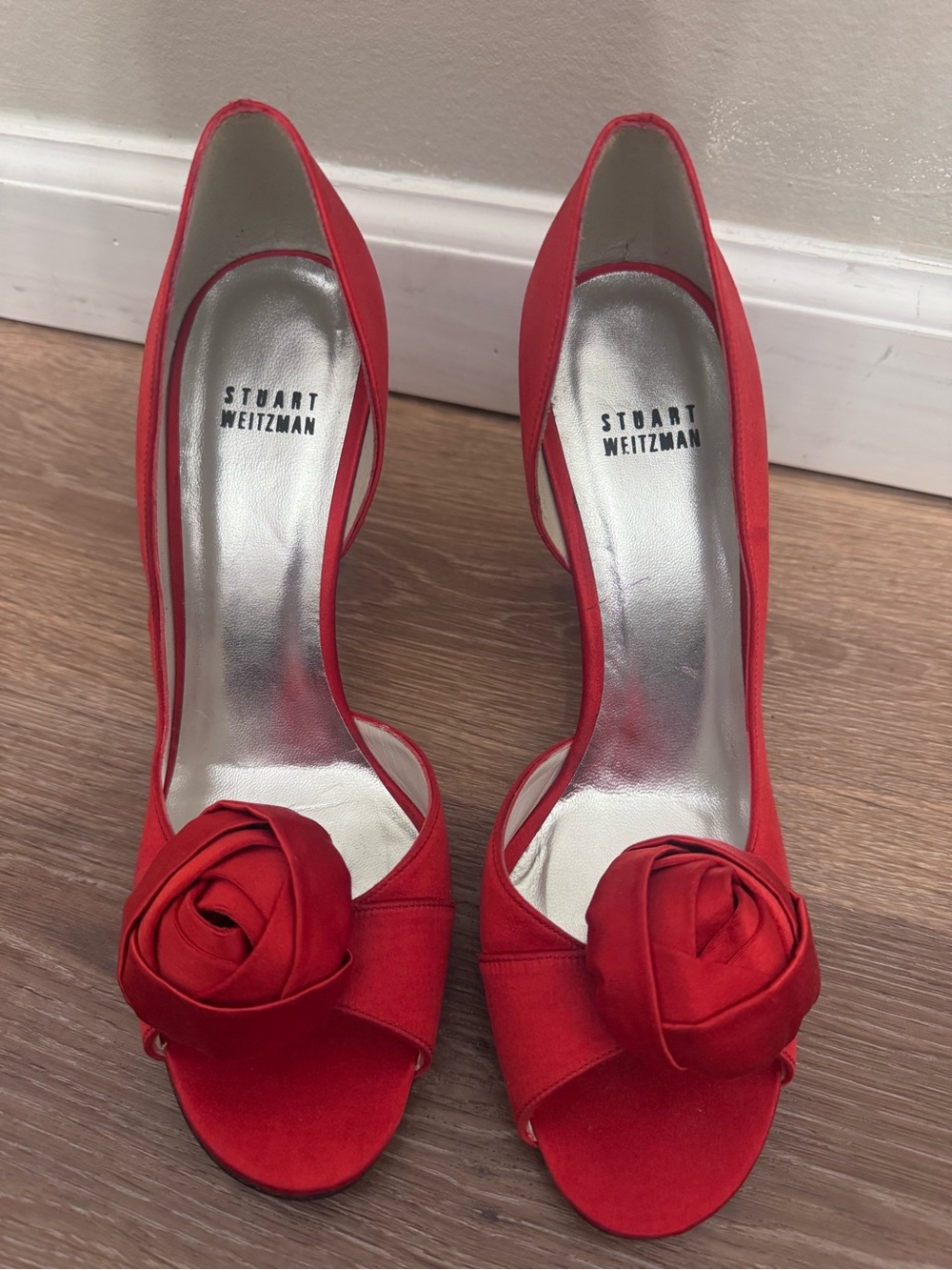 Stuart Weitzman Pomposo Red Satin Rosette Peep-Toe Heels - Size 8.5